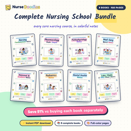 Complete Nursing School Bundle: 8 colorful nursing study books, 920 pages, instant PDF