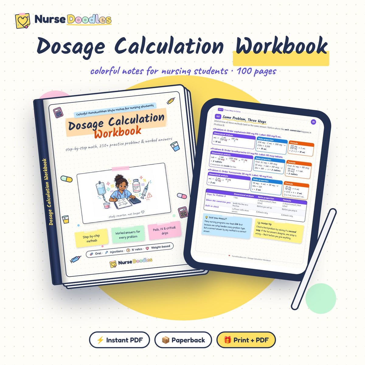 Dosage Calculation Workbook: instant PDF, full-color paperback, or both