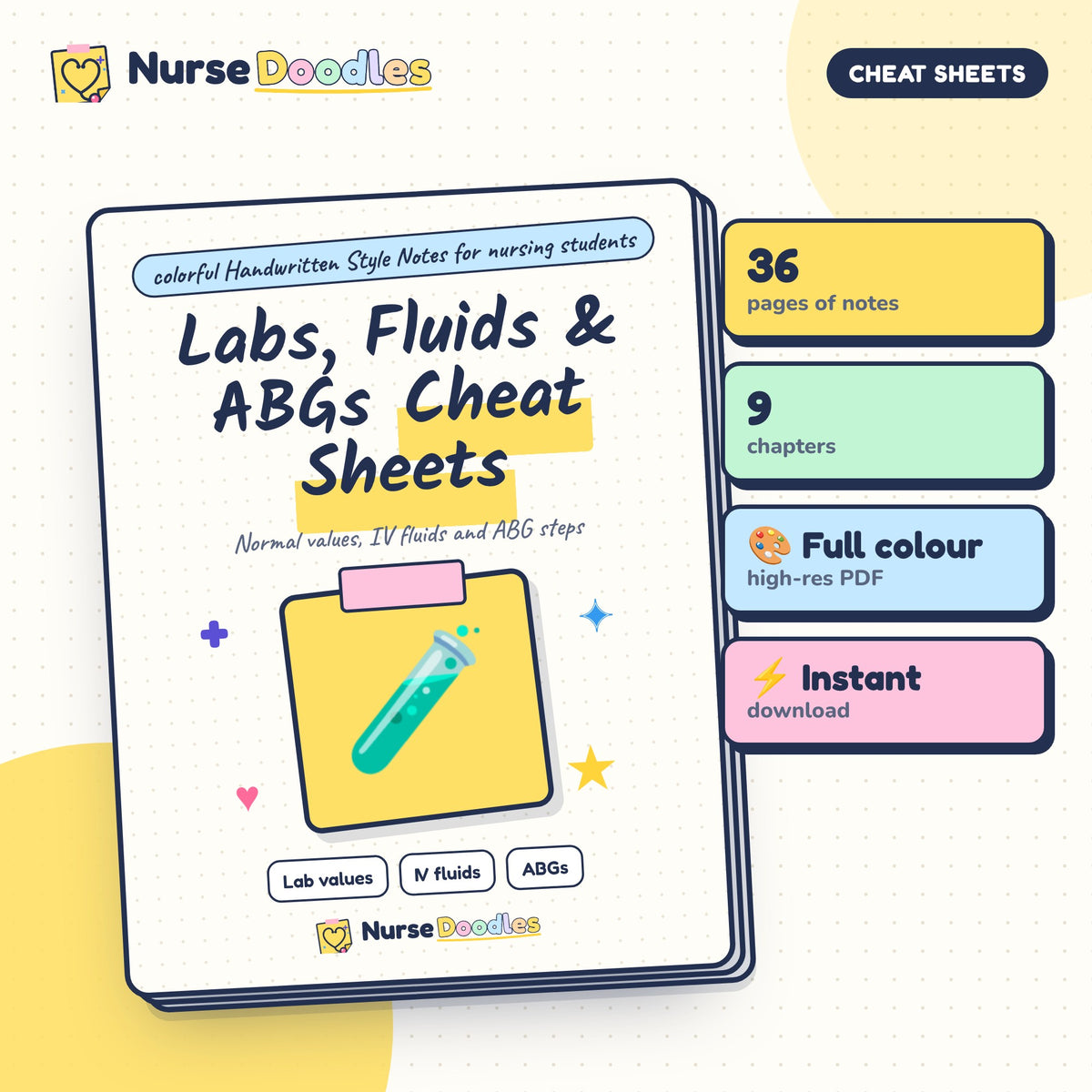 Labs, Fluids & ABGs Cheat Sheets – NurseDoodles Handwritten Style Notes PDF
